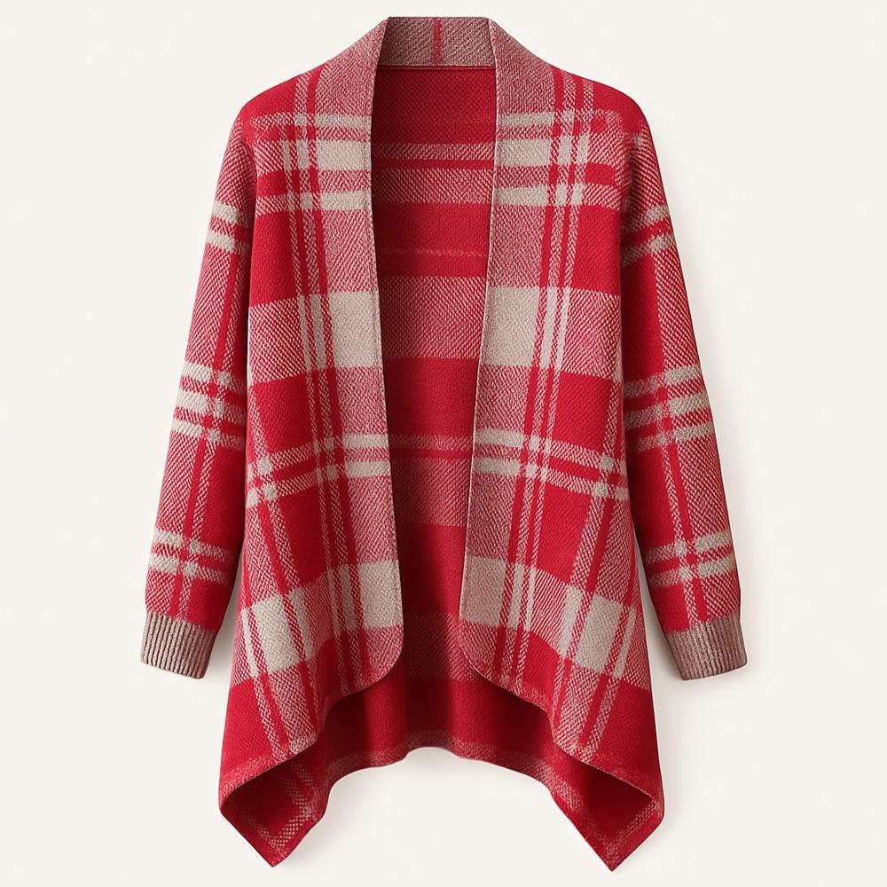 Grace & Emma Open Front Plaid Cardigan – Red & Gray Cozy Knit Sweater, One Size